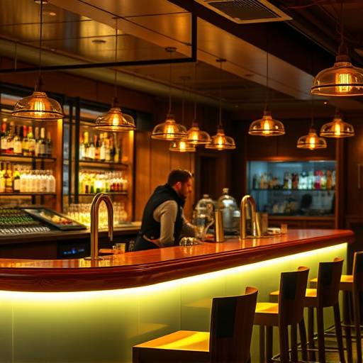 Die Bar des Restaurants mit beleuchteter Theke und Barkeeper