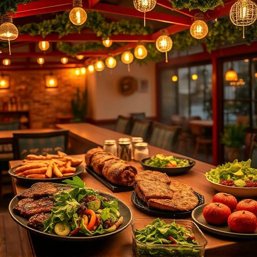 Grillabend im Biergarten mit verschiedenen Fleischsorten und Salaten