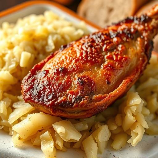 Knusprige Schweinshaxe mit Sauerkraut und Brot